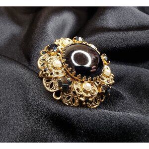 Vintage West Germany Signed  Brooch W/ Black Grey Glass Center & Faux Pearls